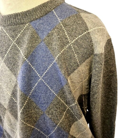 Jos A Bank Argyle Pullover Sweater Men XL Crew Neck Lambs Wool Blnd Blue on Gray - Picture 6 of 9